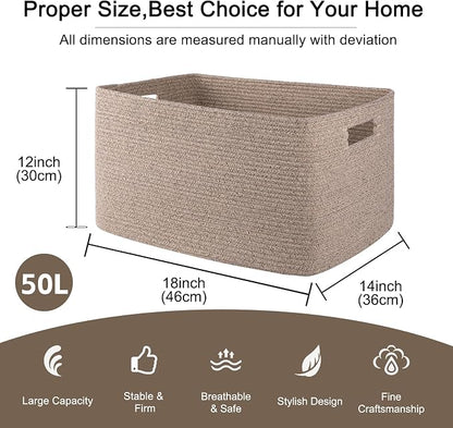 OIAHOMY Cotton Rope Basket, Rectangle Woven Nursery Blanket Basket, Toy Storage Basket with Handle, Baskets for Organizing, 18”x14”x12”, Brown variegated