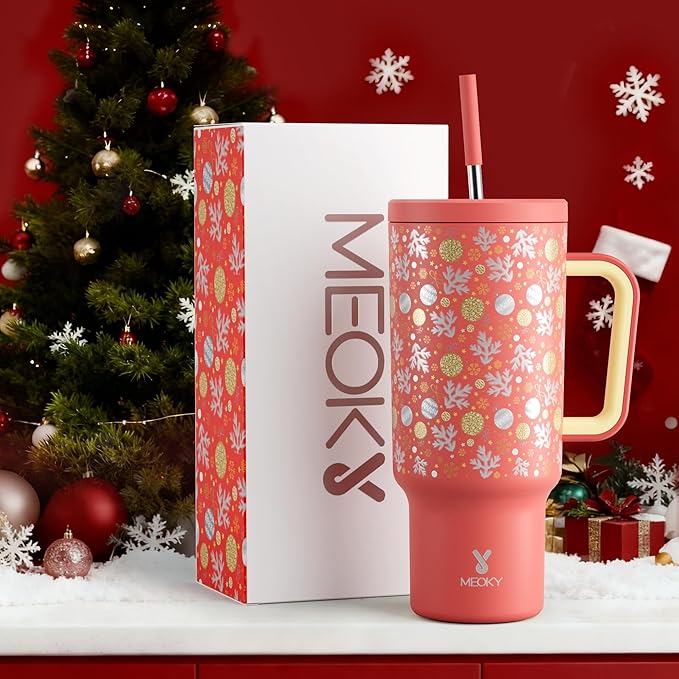 Meoky 40 oz Christmas Tumbler with Handle and Straw, Xmas Tumbler with Lid and Straw, Insulated Stainless Steel Travel Mug, Christmas Gifts for Women Men Adults (Merry Bells)