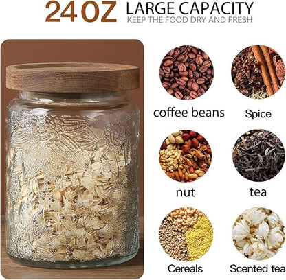 24 OZ Airtight Glass Storage Jar with Bamboo Lid - Vintage Glass Jar Vintage Food Containers Canisters Set for Kitchen Counter & Pantry - Ideal for Sugar, Flour, Coffee, Tea, Candy, Oats -2 Pack