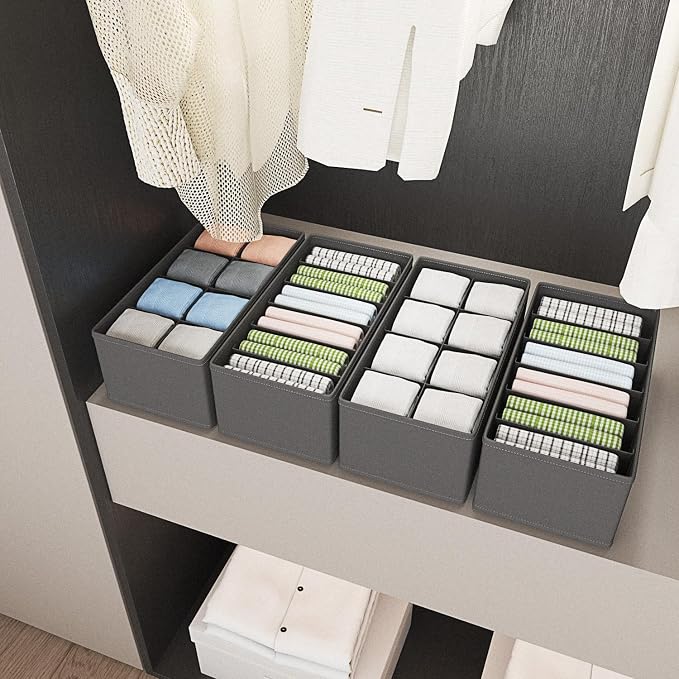 4 PACK Sock Underwear Drawer Organizer Dividers, Collapsible Cabinet Closet Storage Boxes for Clothes, Socks, Lingerie, Underwear, Tie, Belt,Bedroomedroom