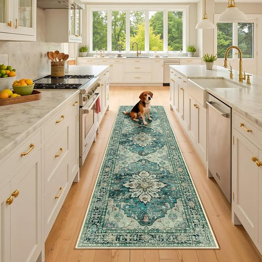 RELEANY Area Rugs Runner 2'x8' Washable Non-Slip, Floral Vintage Distress Medallion Carpet for Kitchen Hallway Bedroom Beside Laundry Room Bathroom, Dark Blue Vintage