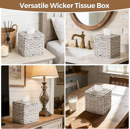 Tissue Box Cover, Square Wicker Tissue Box Holder Facial Tissues Boxes, Hand Woven Napkin Box Tissue Holder for Bathroom Bedroom Office Table Desk Night Stand, Boho Decorative, White