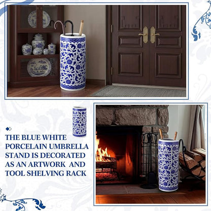 Sawysine Blue and White Ceramic Umbrella Stand, Floral Design Floor Vase for Entryway Indoor Decorative, 19.7" Heavy Porcelain Holder for Umbrellas Canes Home Decor(19.7 Inch,Lotus in Vine)