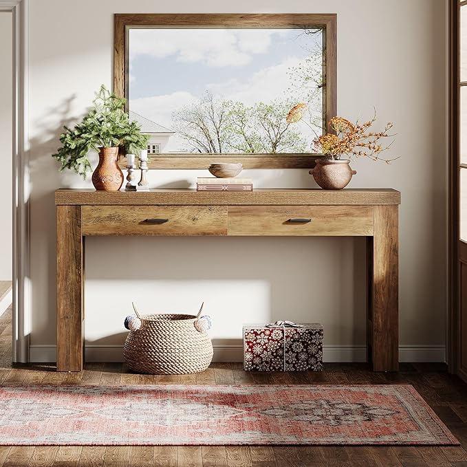 Tribesigns 63" Console Table, Farmhouse Entryway Table with 2 Drawers and H-Shaped Sturdy Legs for Hallway, Living Room, MDF, Light Brown