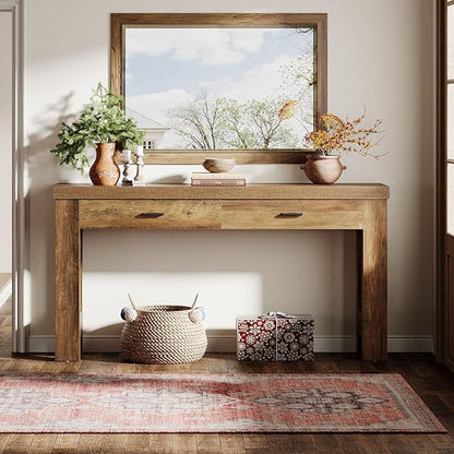 Tribesigns 63" Console Table, Farmhouse Entryway Table with 2 Drawers and H-Shaped Sturdy Legs for Hallway, Living Room, MDF, Light Brown