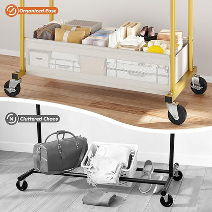Clothes Rack, Clothing Racks for hanging clothes, Rolling clothes rack with Storage Basket & Heavy Duty Wheels, Double rods clothing rack for Bedroom, Laundry Room, Gold