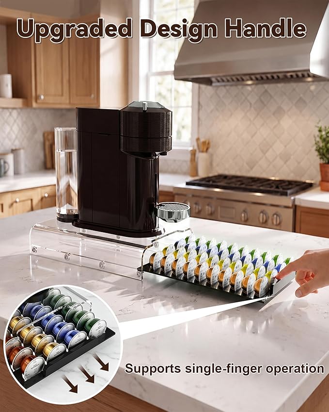 Upgraded Nespresso Vertuo Pod Holder,Clear Acrylic Coffee Pod Drawer Organizer with 40 Pods Capacity,Smooth Gliding Roller & Heavy Duty 48lbs Top Load,Anti-Drop Nespresso Vertuo Capsule Storage