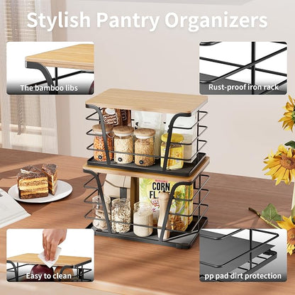 2 Pack Potato and Onion Storage Bins, Stackable Kitchen and Pantry Organizer with Bamboo Top & Lightweight PP Mat, for Vegetables, Fruit, Onion, Potato, Garlic - Pantry, Kitchen Storage Bins (Black)