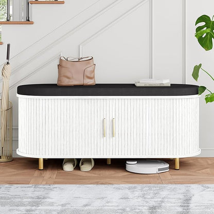 DHH 2-Tier Storage Bench, 43.3" Wide Shoe Bench with Thickened Padded Seat Cushion, Mid Century Modern Fluted Sliding Door and Adjustable Shelf, for Entryway, Living Room, Bedroom(White)