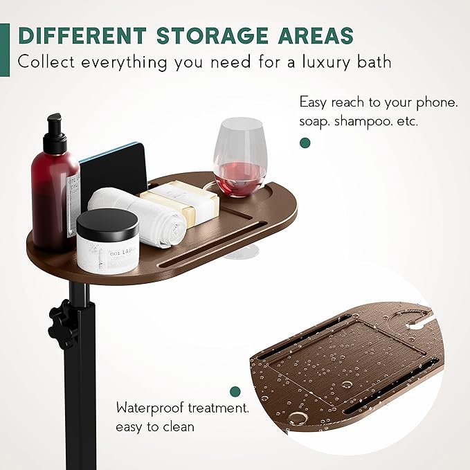 Yumkfoi Bamboo Bathtub Tray Table with Adjustable Height, Freestanding Bath Caddy Side Table for Tub Against Wall, Tub Shelf with Wine Glass Phone Holder, Functional Tray - Patent Protected (Brown)