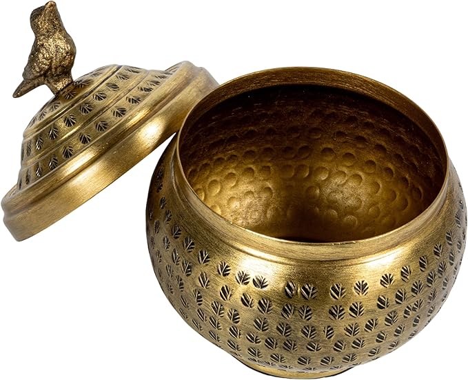 Round Hammered Metal Container with Bird Finial, Brass Finish