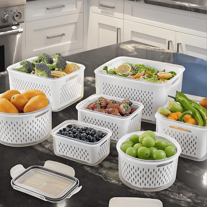 4-Piece Fruit Storage Containers for Fridge, Leakproof and Removable Colander, Dishwasher & Microwave Safe, Extend Freshness of Fruits and Vegetables (White)