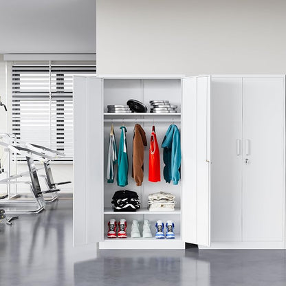 BYNSOE Metal Storage Cabinet 72'' Metal Locker with Locking Storage Locker with Hanging Rod for Office Hospital Require Assembly (White)