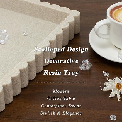 YMXYJM-Scalloped Coffee Table Tray，Ottoman Tray for Modern Home Decor. 14" Decorative Tray for Entryway Table Decor, Living Room Table Decor, Coffee Table Centerpiece - Beige Resin