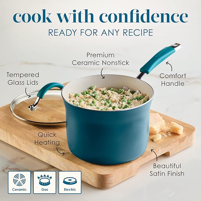 Rachael Ray Cucina Ceramic Cookware Set - 13 Pieces - Ceramic Pots and Pans Set w/Nonstick Frying Pans, Saute Pan, Saucepans, Stockpot, Lids, Pan Protectors - Marine Blue