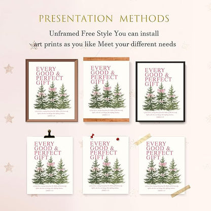 LARTSFRO Coquette Pink Bow Christmas Tree Gifts Wall Art Decor Posters, Pink Bow Christmas Christian Room Bathroom Bedroom Dorm Wall Art Decor Aesthetic for College Teen Girls Gifts, Inspirational Bible Verses Bow Wall Decor, 10x8 Inch Set of 4 Pcs Chr...