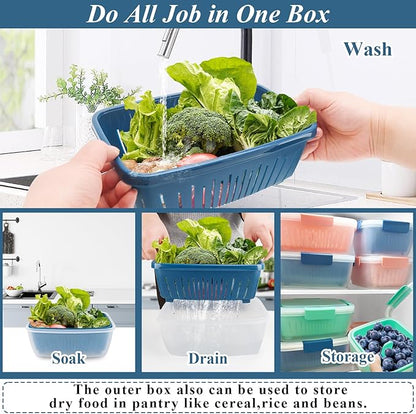 68oz Berry Keeper Fruit Storage Container for Fridge, Fresh Food Produce Saver Containers with Removable Drain Colanders, Vegetable Lettuce Keeper Bowl, Refrigerator Organizer, PRESS TO OPEN CLOSE LID