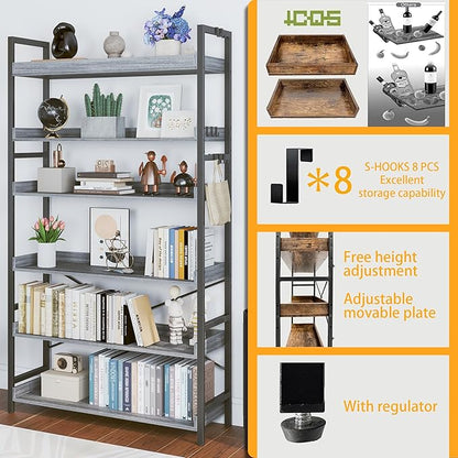 HCHQHS Bookshelf, Adjustable Industrial Bookcase, Vertical Tall Book Shelf, Wood and Black Metal Open Bookshelves for Home Office, Living Room, Bedroom (Grey, 6-Tier (31" W x 70" H))