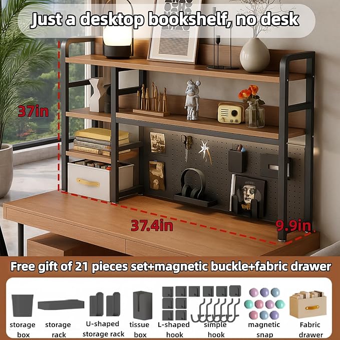 Desktop Bookshelf, pegboard Storage and Organization Rack, Dorm Desk Shelf, Desk Hutch, Desktop Storage for Office, Study, Student Display Rack,Desktop Shelves (Black+Walnut 37.4" Lx9.9 Wx37 H)