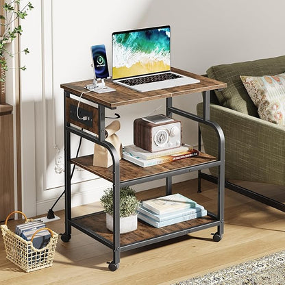YAOHUOO 3 Tier Large Printer Stand with Power Outlet/Adjustable Shelf | 22"x15" Large Top,Fit 2-3 printers,Rolling Cart with Wheels,Table for Home Office,Fit 3D Printer/Heat Press/Laser,Brown