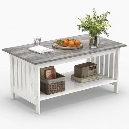 YOSHOOT 39.4" Farmhouse Coffee Table, Small Coffee Tables for Living Room | Grey, 2 Tier Coffee Table with Storage, Tea Table for Living Room Bedroom Small Space