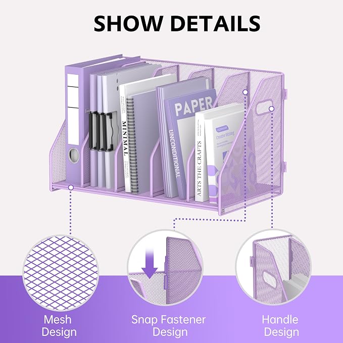 SUPEASY Binder Organizer, Magazine File Holder with 5 Vertical Compartments Rack, Metal Desk File Organizer & Binder Holders, Magazine Organizers for Office Desktop, Home, School, Classroom (Purple)