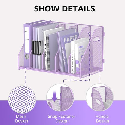 SUPEASY Binder Organizer, Magazine File Holder with 5 Vertical Compartments Rack, Metal Desk File Organizer & Binder Holders, Magazine Organizers for Office Desktop, Home, School, Classroom (Purple)