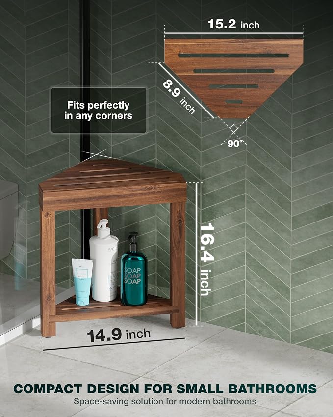 BLUEWEST Shower Foot Stool for Shaving Legs, Acacia Wood Bathroom Foot Rest, Stable Corner Step Stool for Inside Shower, Shower Bench, Compact for Small Shower Spaces (Walnut)