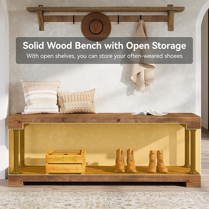 Tribesigns Solid Wood Entryway Bench with Shelf, 63" Industrial Storage Bench with Thickened Metal Tubing, Supports 300 lb and Easy Assembly (Vintage)