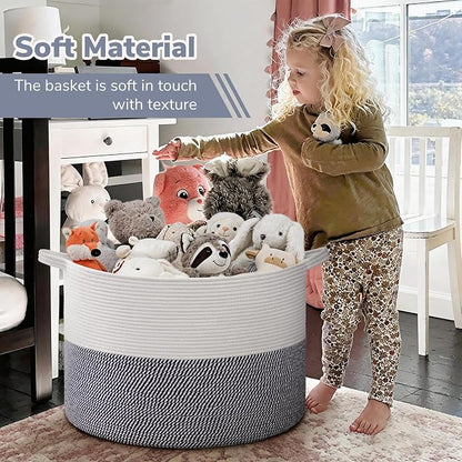 INDRESSME 115L Extra Large Cotton Rope Basket, Blanket Basket for Home Decor Living Room Nursery, Toy Storage Baskets for Kids Boys Girls, White & Navy