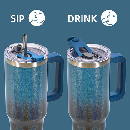 30 oz Shiny Tumbler with Handle and Straw,Stainless Steel Tumbler with Lid and Straw,Insulated Travel Mug(Cold for 34 Hours),Water Bottle for Iced Tea,Coffee (Black Blue)