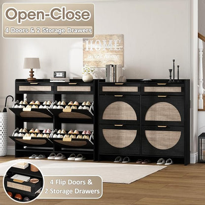 Rattan Shoe Storage Cabinet with 4 Flip Drawers & 2 Drawers, Freestanding Organizer for Front Door Entrance, Hidden Narrow Shoe Rack Cabinet Storage for Entryway, Black