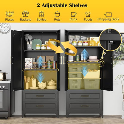 Metal Kitchen Pantry Storage Cabinet with 2 Drawers，75Inch Black Food Pantry Cabinets for Kitchen with 2 Adjustable Shelves，Tall Storage Cupboard for Living Room, Dining Room Office