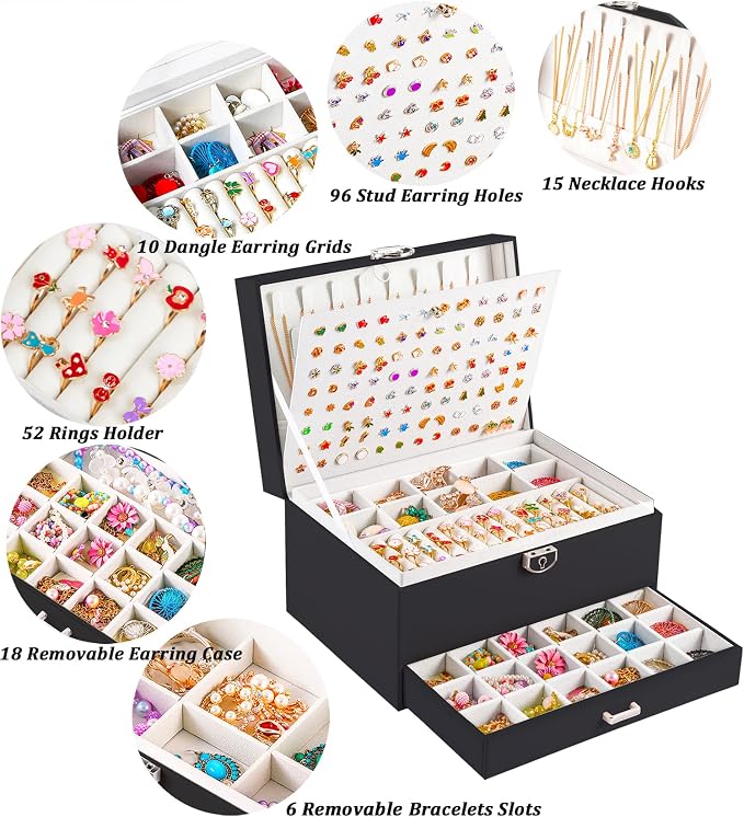 QBestry Earring Jewelry Box for Women Girls Stud Organizer, 5 Layers Black Jewelry Organizer Box With Lock Necklaces and Earrings Holder Jewelry Box with Earring Organizxer for Women Girls Xmas Gifts