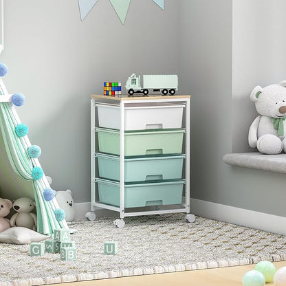 SYKIARIOL Utility Cart with 4 Drawers,Rolling Storage Cart with Drawers,Storage Rolling Drawer Cart with Wooden Tabletop for Bedroom,Kid's Room,Dorm,Classroom,Office,Green