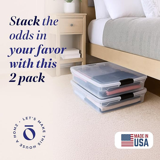 HOMZ 2-Pack Under Bed Storage, Clear Plastic Containers with Lids, 56 Quart, Gray Latch - Stackable Underbed Organizer Bins for Shoes, Bags, Clothes, and Towels