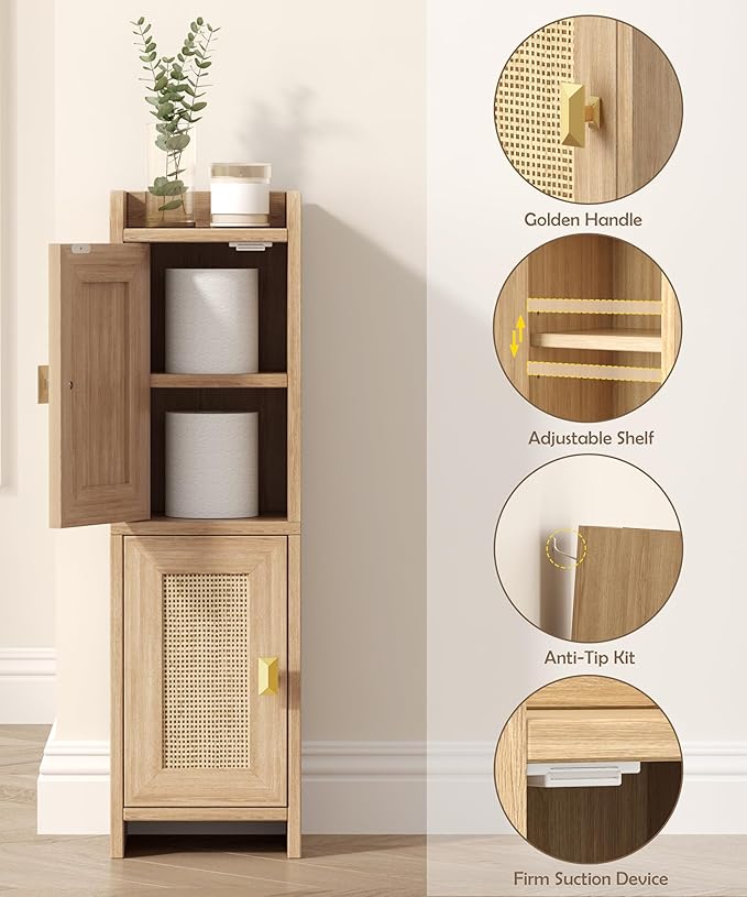 Akxomel Rattan Small Bathroom Cabinet with 2 Doors, 7.9''D x 7.9''W Narrow Toilet Paper Storage Cabinet, Bathroom Organizer for Small Spaces, Wooden Slim Corner Unit with Adjustable Shelf, Natural Oak