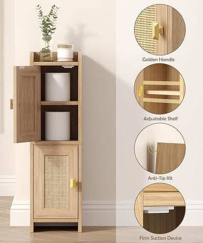 Akxomel Rattan Small Bathroom Cabinet with 2 Doors, 7.9''D x 7.9''W Narrow Toilet Paper Storage Cabinet, Bathroom Organizer for Small Spaces, Wooden Slim Corner Unit with Adjustable Shelf, Natural Oak