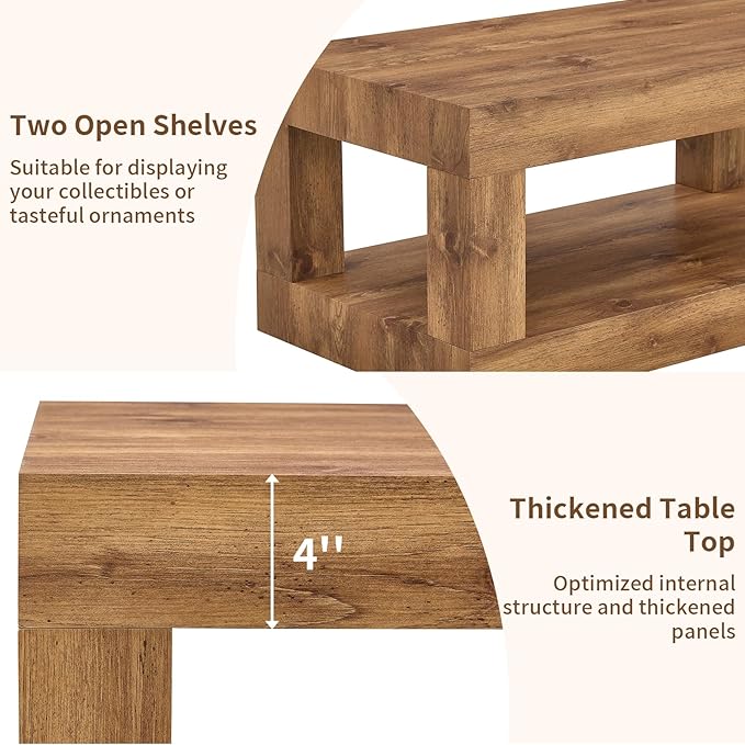 LKTART 39.37" Coffee Table with Storage, 2-Tier Mid Century Rectangular Accent Table with Thick Tabletop, Rustic Style Cocktail, Center Table for Living Room, Office, Apartment (Natural Wood)