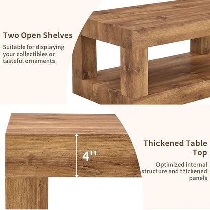 LKTART 39.37" Coffee Table with Storage, 2-Tier Mid Century Rectangular Accent Table with Thick Tabletop, Rustic Style Cocktail, Center Table for Living Room, Office, Apartment (Natural Wood)