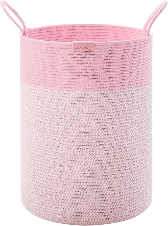 80L Extra Large Pink Hamper Tall Laundry Basket for Girls Kids Nursery Hamper for Baby Woven Cotton Rope Laundry Basket for Little Girls Room Bedroom 16x22 Inches