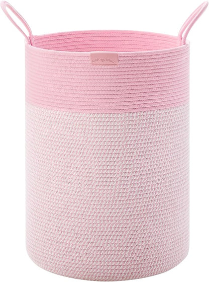 80L Extra Large Pink Hamper Tall Laundry Basket for Girls Kids Nursery Hamper for Baby Woven Cotton Rope Laundry Basket for Little Girls Room Bedroom 16x22 Inches