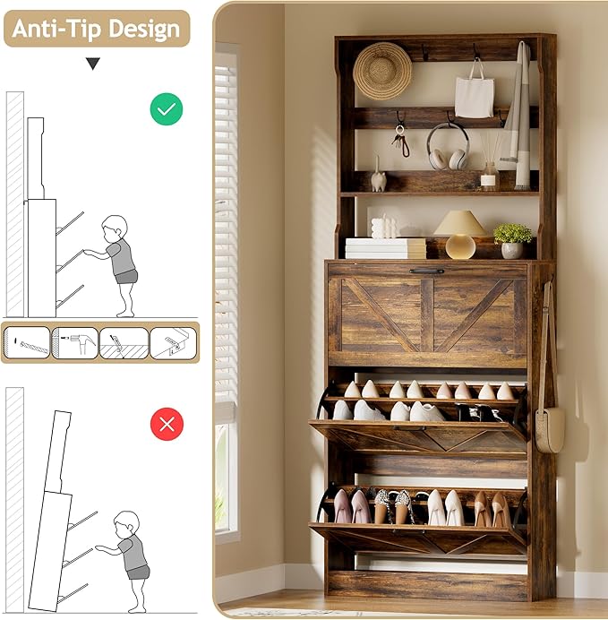 EOYUTLLY Shoe Cabinet Storage for Entryway, Narrow Shoe Rack Cabinet with 3 Flip Drawers & Coat Rack, Hidden Shoe Storage Cabinet, 2-in-1 Hall Tree Slim Freestanding Shoe Rack Organizer, Rustic Brown