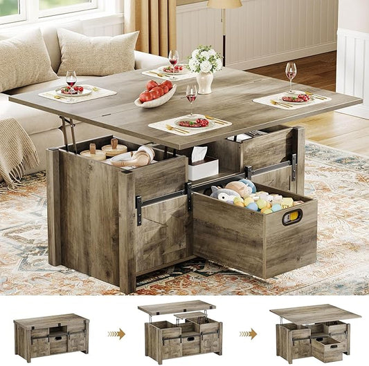 Memobarco 40" Farmhouse Lift Top Coffee Table with Sliding Barn Door,4 in 1 Multi-Function Coffee Tables with Storage Drawers & Hidden Compartment,Converts to Dining Table for Living Room,Grey
