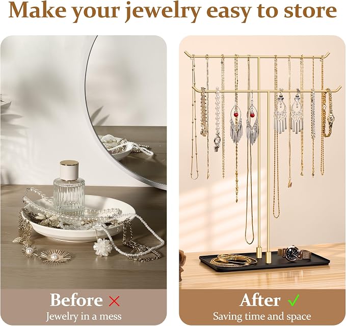 bussdis Necklace Holder Jewelry Stand Organizer for Necklaces and Bracelets, Metal Display Stand, Gift for Women, Ideal for Home, Bedroom, or Vanity, Gold and Black