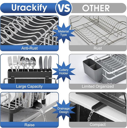 Urackify Stainless Steel Dish Drying Rack - Large Capacity Kitchen Counter Organizer with Drain Board, Utensil Holder & Detachable Cup Shelf, Surgical-Grade Rust-Proof Dish Drainer, Easy Assembly
