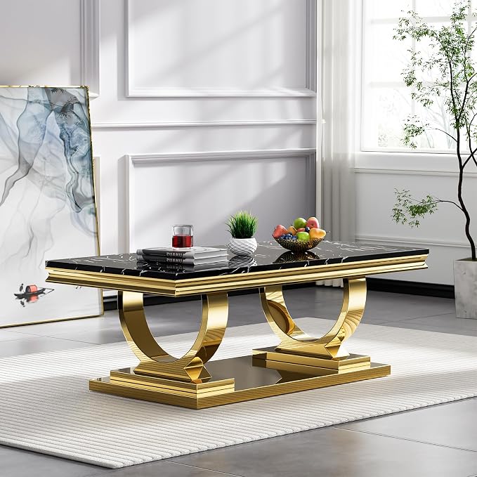 1 Piece Living Room Coffee Table Luxury Faux Marble Center Table, Modern Black Gold Coffee Table with Double O Shape Stainless Steel Pedestal Base,1 Table Only