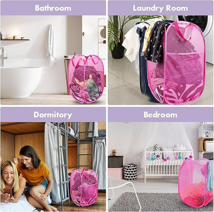 DUCOO Pop Up Laundry Hamper, 70L Collapsible Mesh Laundry Basket with Side Pocket, Foldable Dirty Clothes Hamper with Sturdy Reinforced Handles for Home Dorm Bedroom Travel Bathroom Storage, Pink