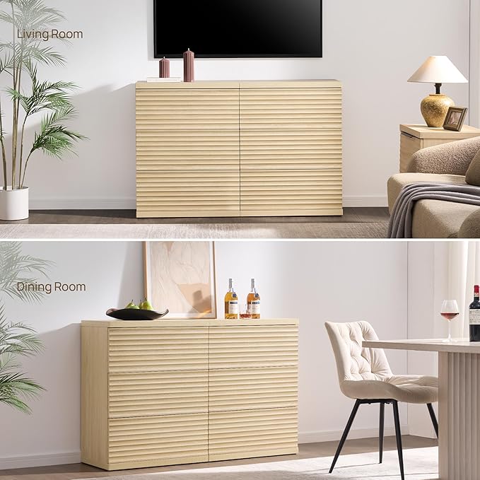 SICOTAS Sideboard Buffet Cabinet with Storage, Modern Credenza Storage Cabinet with 3 Larger Drawers, Fluted Media Console Mid Century Coffee Bar Table for Dining Room, Hallway, Coastal Oak