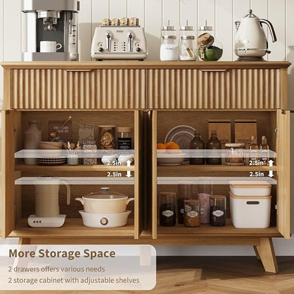 QUW Fluted Buffet Sideboard Cabinet with Storage, 47.2" Kitchen Cabinet with Drawers and Adjustable Shelves, Modern Coffee Bar with Charging Station, for Dining Room, Living Room, Natural Oak
